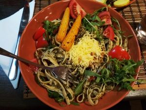 Penne with green pesto, as offered in May 2018 (unfortunately not on the menu as of November 2018 - maybe it was a daily special?). at Kozmosz Vegan Etterem in Budapest
