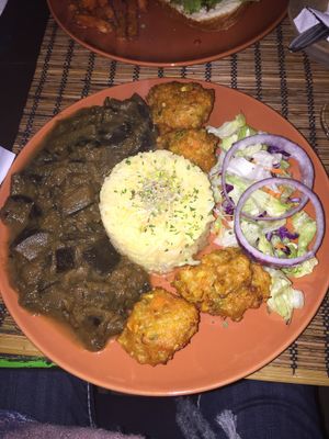 Eggplant veggie ball plate of the day at Kozmosz Vegan Etterem in Budapest