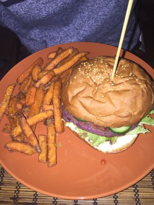 Burger of the day with sweet potato fries at Kozmosz Vegan Etterem in Budapest