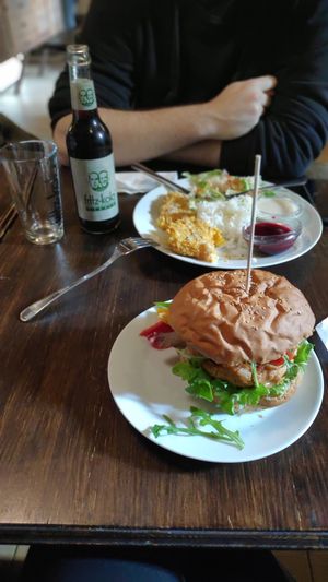 fried (Vegan) cheese plate; "chef's Burguer" hazelnut-millet burger with nut-based sour cream; Fritz-kola stevia at Kozmosz Vegan Etterem in Budapest