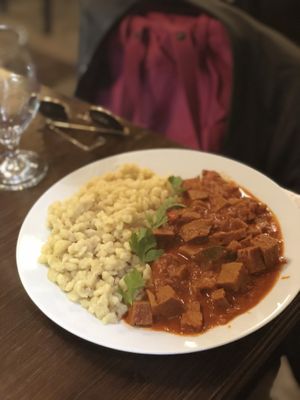 Seitan stew at Kozmosz Vegan Etterem in Budapest
