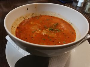 Bean goulash soup... yummy at Kozmosz Vegan Etterem in Budapest