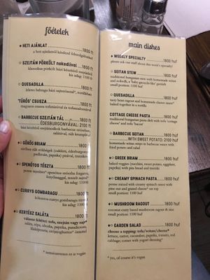 Menu at Kozmosz Vegan Etterem in Budapest