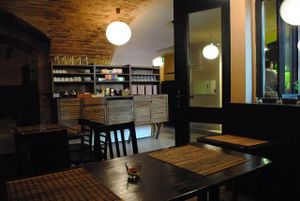 Nicely decorated cellar at Kozmosz Vegan Etterem in Budapest