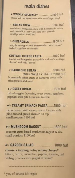 The menu as for 22/09/2019 at Kozmosz Vegan Etterem in Budapest
