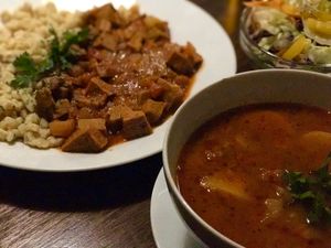 Goulash and Seitan Stew at Kozmosz Vegan Etterem in Budapest
