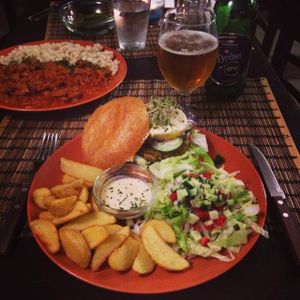 Hawaiian curry burger  at Kozmosz Vegan Etterem in Budapest