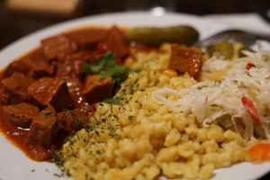 Seitan Stew with Nokedli at Kozmosz Vegan Etterem in Budapest