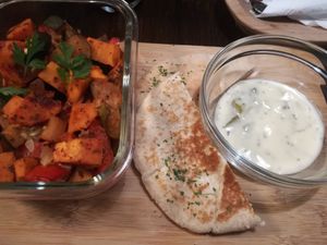 Greek briam with pita bread at Kozmosz Vegan Etterem in Budapest