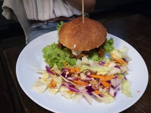 Gyros burger with salad at Kozmosz Vegan Etterem in Budapest
