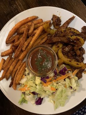 The fries were cold. The rest too. Other than that nice tasting.  at Kozmosz Vegan Etterem in Budapest