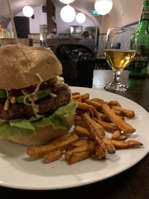 The burger could have been great, but it was cold.  at Kozmosz Vegan Etterem in Budapest