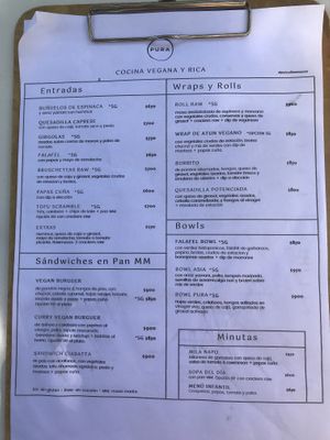 Menu at PURA in San Isidro