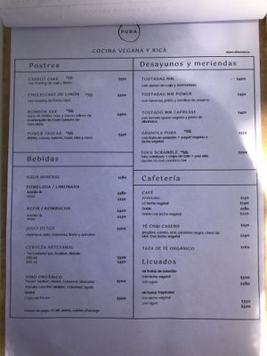 Menu at PURA in San Isidro
