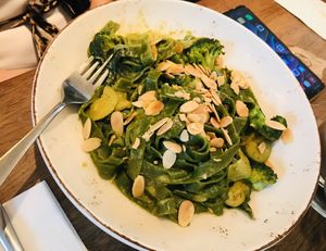 Green pasta at Café Schneor in Tel Aviv