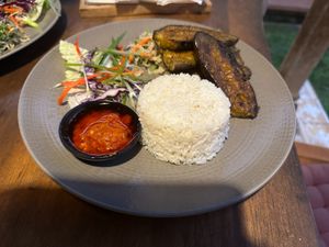 Grilled eggplant with Balinese seasoning, vegetables and steamed rice at Leker Life in Ubud