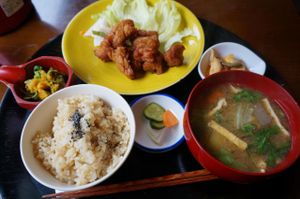 Soy meat kara-age set 1100yen.  at Komenoko in Tokyo
