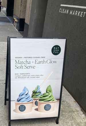 Placard for vegan soft serve at Matchaful @ Clean Market in New York City