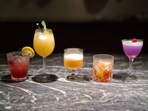 Special Cocktail pairing for the 3-5 course menu. Can also be ordered seperately.
Brumble, Mighty Bush, Miso Sour, "Honey" old fashioned, and Aviation at Vaust Bar & Restaurant in Berlin