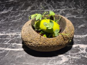 Dessert: brownie crumble and pea sorbet with pea gel, marinated sugar snap peas and cocoa jelly at Vaust Bar & Restaurant in Berlin