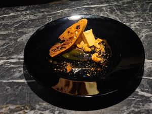 Almond/cashew cheese with mirabelle plum chutney, cashew crumble , candied cashews and bread chip at Vaust Bar & Restaurant in Berlin