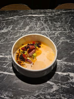 Cilled Tomato soup with basil cream, olive dust and tomato jam at Vaust Bar & Restaurant in Berlin