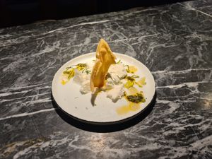 starter with Yoghurt cream, elderflower gel, prosecco foam, mint sauce and crackers at Vaust Bar & Restaurant in Berlin