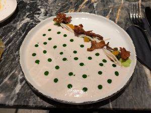 Mushrooms with leek oil in a leek mayo at Vaust Bar & Restaurant in Berlin