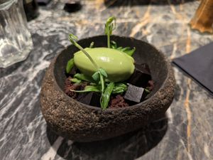 Chocolate brownie with pea sorbet at Vaust Bar & Restaurant in Berlin