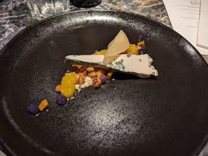 Fruit with pretzel crumb and vegan blue cheese at Vaust Bar & Restaurant in Berlin