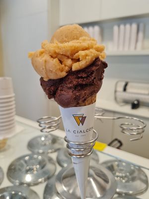 Dark chocolate and apricot ( cone is vegan) at Gelateria Antica Porta in Cittadella