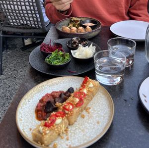 Crispy potato cakes and aubergine tartar, and the sweet potato croquettes   at Mumma in Chamonix