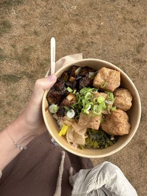 Fried tofu and aubergine toppings  at Pochi - Food Stall in South East London