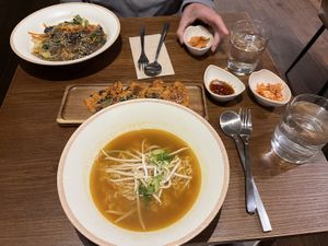 Mild Korean ramyun with kimchi side dish  at mr. kimchi in South West London