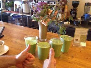 Ginger would Smoothie: Kale, ginger, romaine, parsley, flex seed, banana, hemp protein and apple juice at Outer Bean Juice and Java in Kitty Hawk