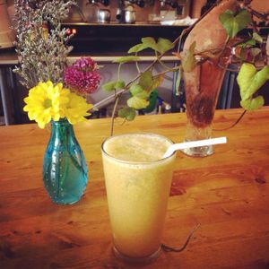 Immunity Plus juice.. and a wicked sweet potato 'flower'! Loooove. at Outer Bean Juice and Java in Kitty Hawk