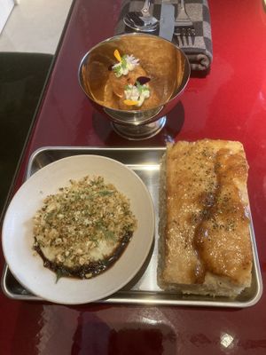 Mini: Blueberry glazed focaccia with artichoke creme and smokey croquettes with yuzukosho  at lara  in Vienna
