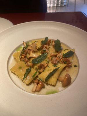 Agnolotti with sage and chantarelle stuffed with leek creme  at lara  in Vienna
