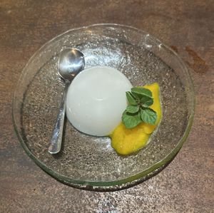 Coconut milk panna cotta with mango sauce at Kagemusha in Ubud