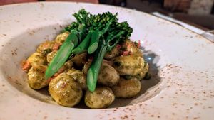 Pea & mint gnocchi at The Royal Oak Riley Green in Preston