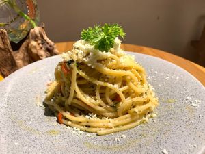 Spaghetti Aglio e Olio (Vegan and Gluten Free option) at Indogenous - Conscious Comfort Cafe in 