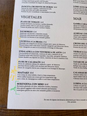 menu with both vegetarian and vegan meal  at Moriarty in Illes Balears