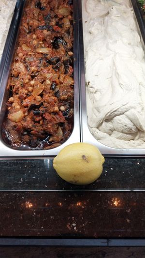 Moussaka (vegan) and hummus at Terrasse Beirut in Paris