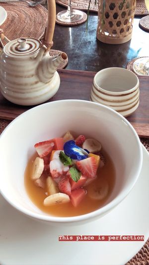 Fruit salad as a starter for breakfast  at Fivelements in Mambal