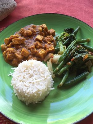 Tofu curry& Asian green vegetables at GoGreen in Kralendijk