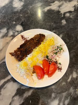 Vegan Pan kebab with saffron rice  at Noush in Barcelona