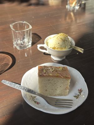 Rosewater cake and pistachio & saffron ice creamm  at Noush in Barcelona