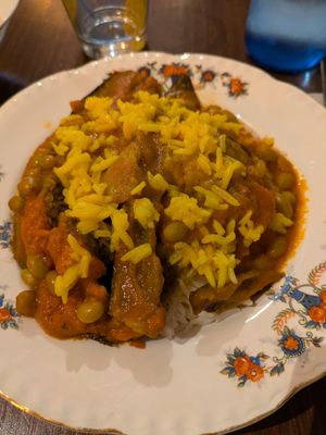 Aubergine stew and saffron rice at Noush in Barcelona
