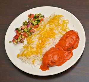 Perisan Kebab (Kabab Tabei)
Heura “meat” kebab marinated with Persian spices, served with saffron-topped rice, tomato sauce, and Shirazi salad garnish.  at Noush Barcelona in Barcelona