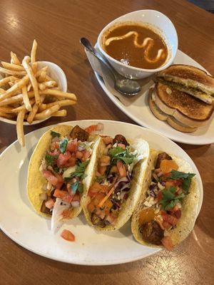 baja tacos with fries, pesto grilled cheese with tomato bisque  at Native Foods - Point Loma in San Diego